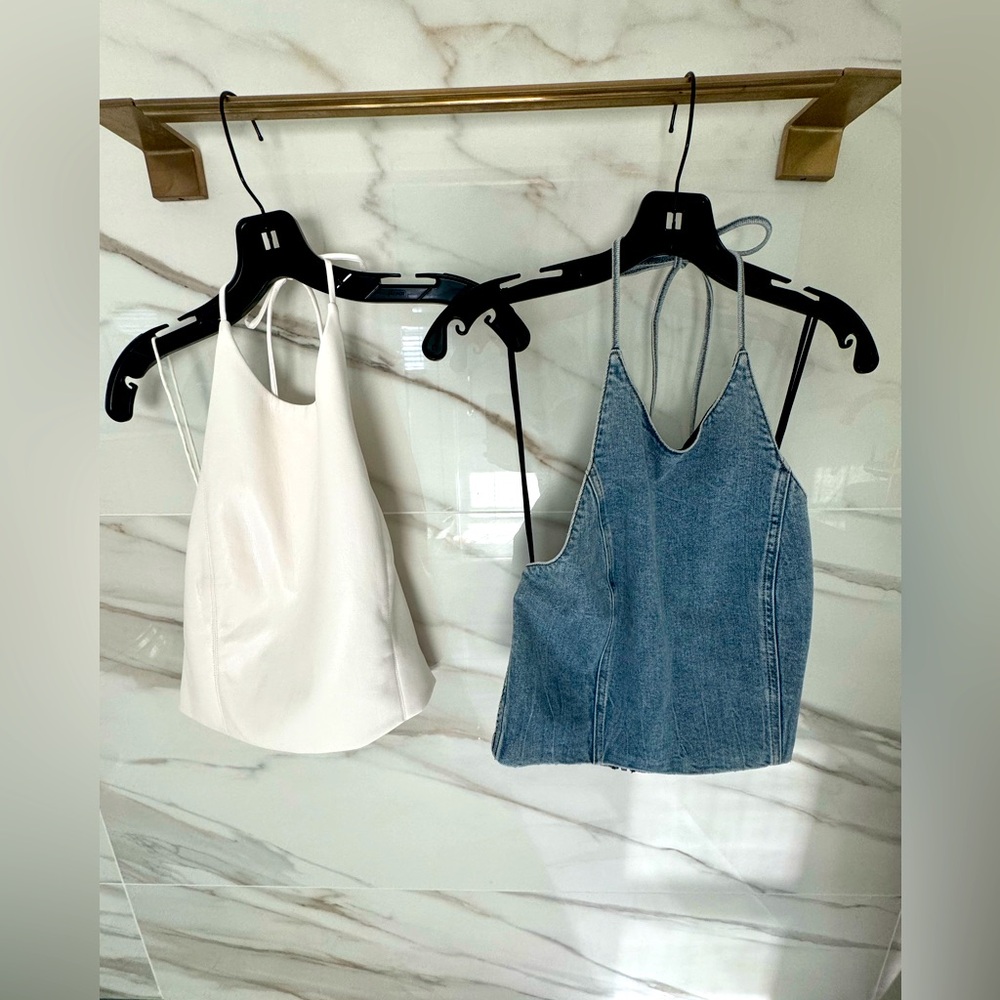 Alice + Olivia halter tops in white vegan leather and denim. NWT